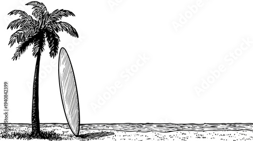 Black and white illustration of a beach scene. Includes palm tree, surfboard, sand, and ocean
