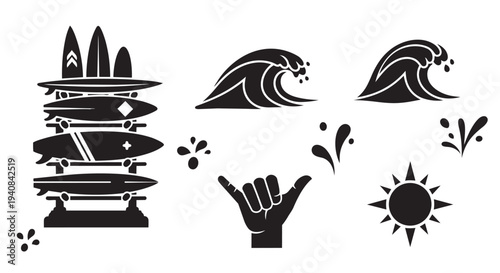 Surfing vector illustration set with waves, surfboards, hand gesture, and sun graphic elements