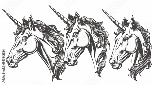 Three detailed black and white illustrations of mythical unicorn heads with prominent horns and flowing manes