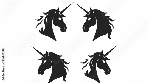 A symmetrical composition of four stylized, dark silhouettes of mythological creatures