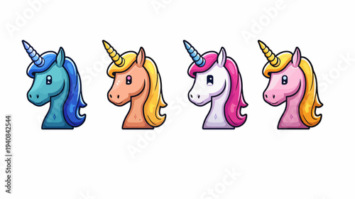 Four stylized cartoon unicorn heads with colorful manes and horns against a white background