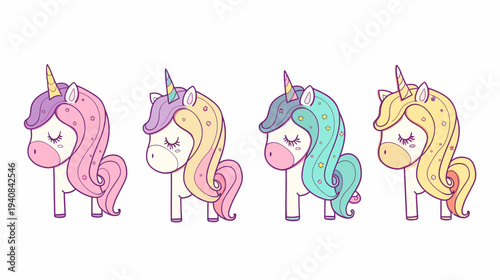 Four adorable, stylized unicorns, each with different colored manes, horns, and star accents on white background