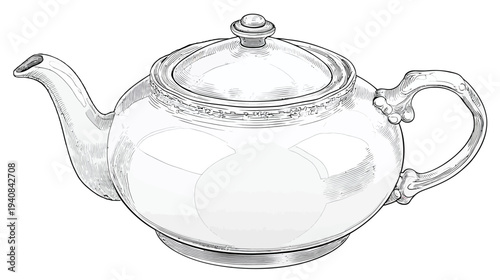 A sketch-like image of a white teapot, with a handle, spout and a lid