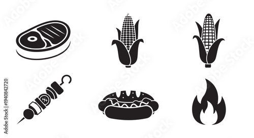 Grilled barbecue food vector illustration set including steak, corn, and hamburger icons