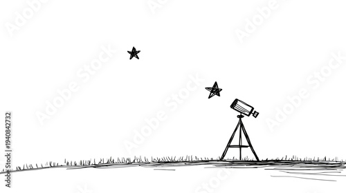 A simplistic black and white illustration showing a telescope, stars, and a grassy landscape