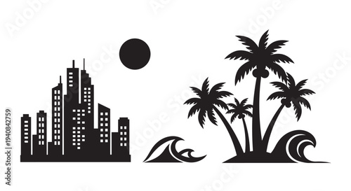 Cityscape and tropical island vector illustration for travel and tourism design concepts together