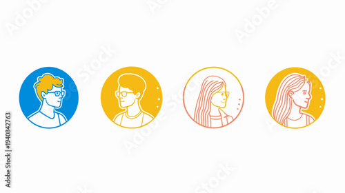 Illustration with four colorful profile portraits of people inside circles, ideal for icons or avatars