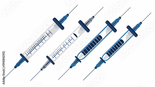 Illustration featuring four medical syringes with clear cylinders, dark blue accents, and needles, tilted