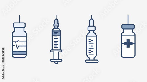 Vector illustration of various medical tools, including syringe and vials with cross symbol