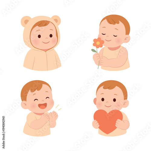 Cute infant baby character vector set. Adorable toddler illustrations with different emotions and activities, perfect for nursery design, baby products and kids illustrations.