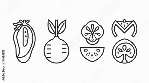 A collection of simple black and white illustrations of various fruits and vegetables
