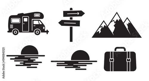 Collection of black travel icons including camper, mountains, and briefcase vector illustrations