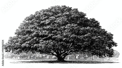 A large, mature tree in a grayscale ink drawing, with detailed leaves and branches