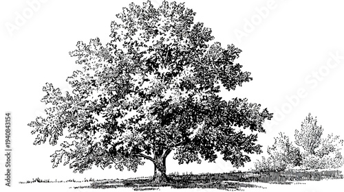 A large tree with a full canopy dominates the scene; bushes sit nearby, drawn in a black and white style