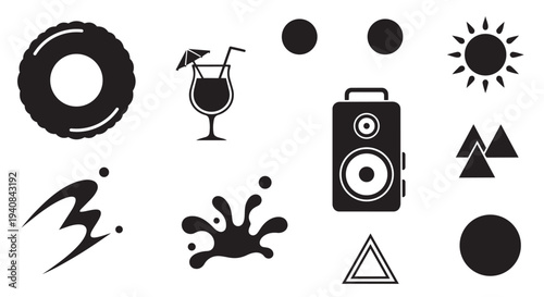 Collection of black vector icons representing summer vacation and leisure activities concepts together