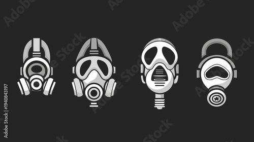 A grayscale, graphic illustration featuring stylized depictions of four different gas masks against a black backdrop