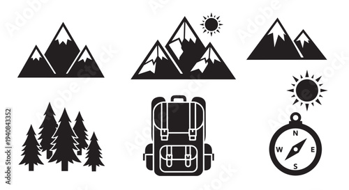 Hiking adventure concept vector illustration set with mountains, trees, and outdoor elements