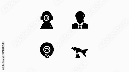 Four black and white icons on a white background webcam, businessman, camera, and telescope