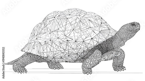 A black and white stylized illustration depicts a tortoise walking on a white background with a horizontal line