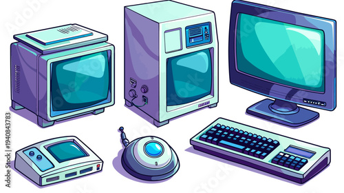 A stylized illustration features various retro computing devices with teal and purple color scheme