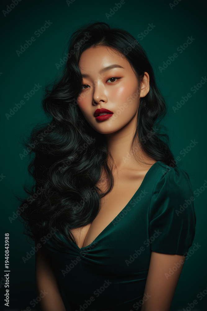 Fototapeta premium Sophisticated high-fashion portrait of an Asian woman with emerald green wavy hair and velvet dress