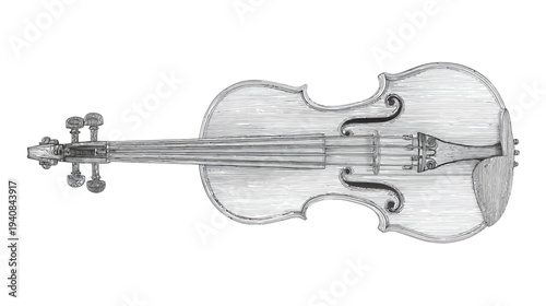 Detailed black and white illustration of a violin with a white background