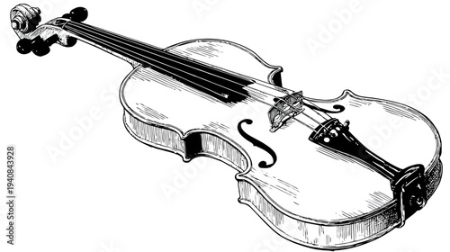 A detailed black and white illustration of a violin with strings and f-holes, angled to the side
