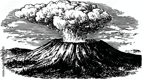 A black and white illustration of a volcano erupting with a large cloud of smoke
