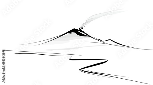 Minimalist illustration of a mountain with a plume of smoke, and a winding line