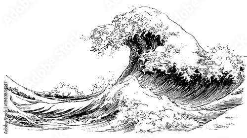 A black and white depiction of a large breaking wave, detailed linework, foam, and dynamic lines
