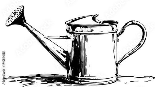 Black and white illustration of a metal watering can with a long spout and an arched handle