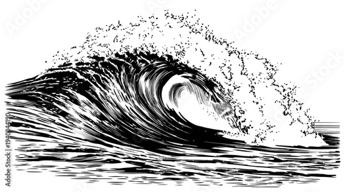 A monochrome illustration of a breaking ocean wave, with detailed lines