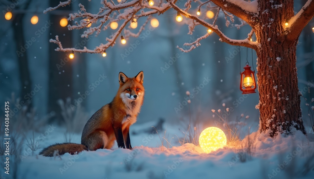 Fototapeta premium Red fox sits in snowy forest clearing. Bare tree branches with fairy lights glow. Red lantern hangs, illuminating winter night. Magical woodland scene.