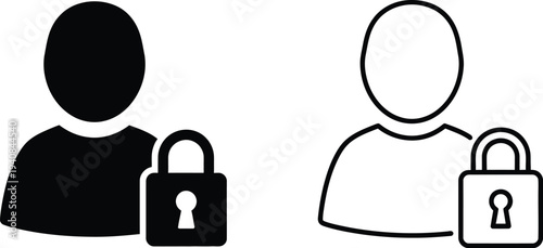 User Account Locked Icon Set: Black Solid and Outline Vector Illustrations for Security, Privacy, and Restricted Access