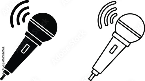 Set of 2 Wireless Microphone Icons Vector: Black Solid and Outline Style for Audio Recording, Broadcasting, and Live Performance