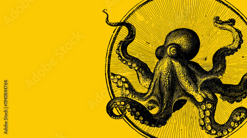 A detailed illustration of an octopus, radiating from a circular design, on a vibrant yellow background