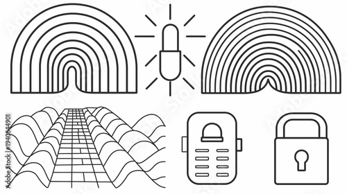 Linear black-and-white icon set featuring an abstract pill, arches, a path, a key pad, and a lock