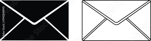 Set of 2 Mail Envelope Icons Vector: One Solid Black and One Outline Style for Communication, Email, and Message Interface Designs