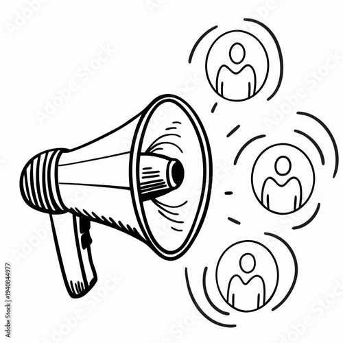 Vector Illustration of a Loudspeaker with Sound Waves, Emphasizing the Importance of Amplifying Marginalized Voices and Promoting Social Justice, in a Line Drawing Style.