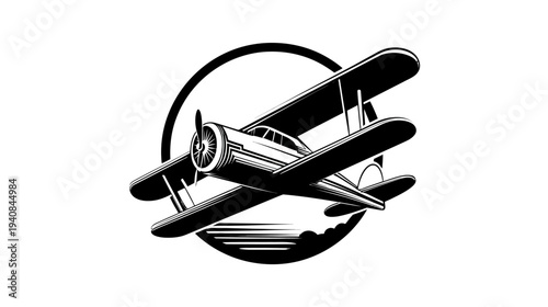 A black and white illustration of a biplane in flight, framed by a circle