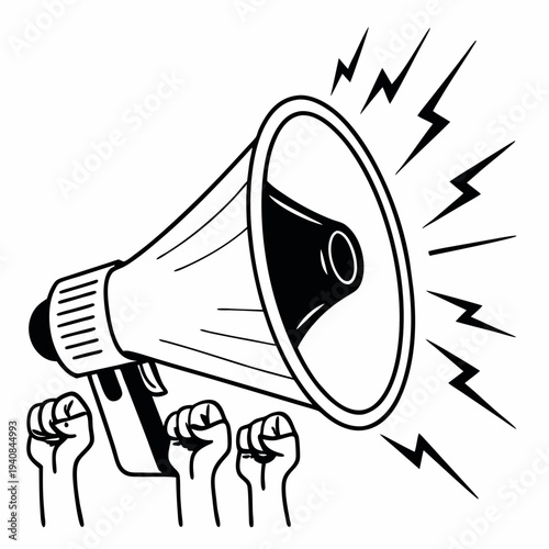 Vector Illustration of a Loudspeaker with Sound Waves, Emphasizing the Importance of Amplifying Marginalized Voices and Promoting Social Justice, in a Line Drawing Style.