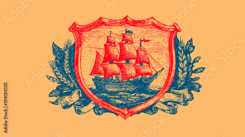 A vintage-style crest, features a sailing ship with red sails, set on the ocean, within a shield