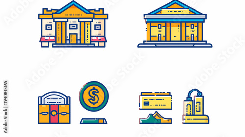 Colorful vector icons featuring buildings, a coin, card, and machine related to finance and banking
