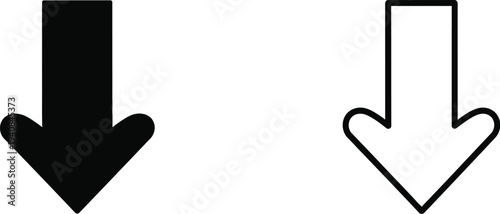 Set of 2 Down Arrow Icons Vector: Solid Black and Outline Design for Download, Direction, or Indicator UI Elements