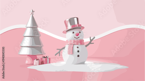 A cheerful snowman wearing a pink scarf and hat on a pink background with a silver christmas tree and gifts