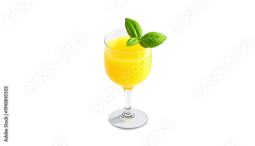 Yellow drink in a glass, garnished with fresh basil leaves