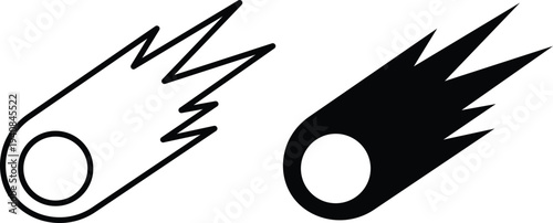 Black and white outline and solid silhouette of a comet with trailing tail meteor space astronomy