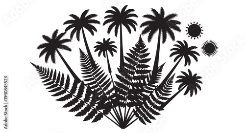 Tropical palm trees and ferns in black silhouette against white background with sunny atmosphere