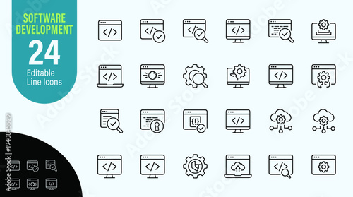 Set of 24 editable line icons for software development and coding