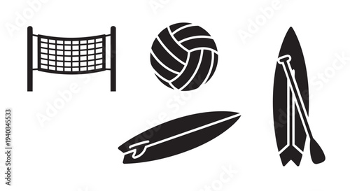 Volleyball and surf icons set in modern style